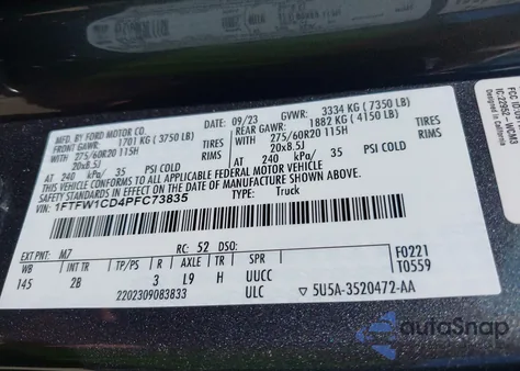 2023 Ford F150 Lariat z USA, uszkodzony, nr VIN 1FTFW1CD4PFC73835